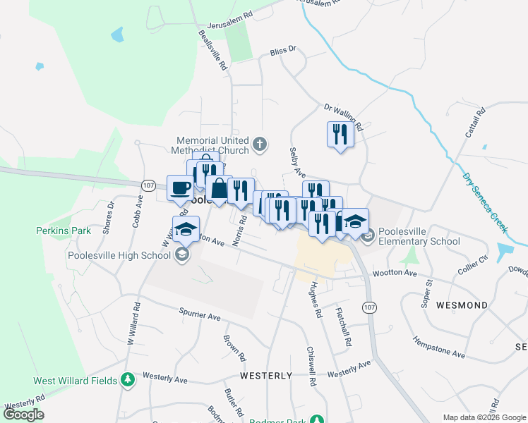 map of restaurants, bars, coffee shops, grocery stores, and more near 19811 Fisher Avenue in Poolesville