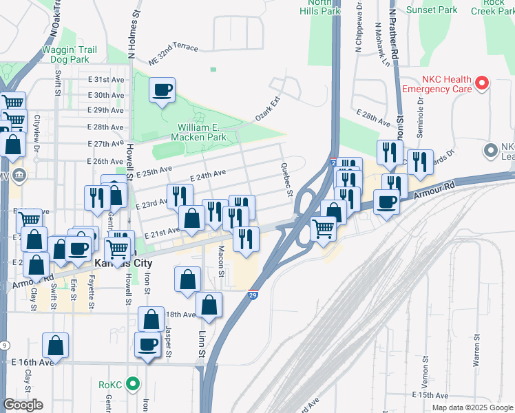 map of restaurants, bars, coffee shops, grocery stores, and more near 1400 East 21st Avenue in North Kansas City