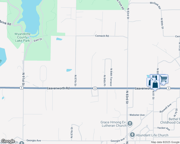 map of restaurants, bars, coffee shops, grocery stores, and more near 3208 North 85 Place in Kansas City