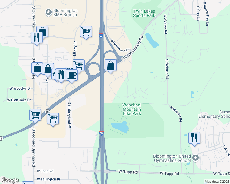 map of restaurants, bars, coffee shops, grocery stores, and more near 1753 South Oakdale Drive in Bloomington