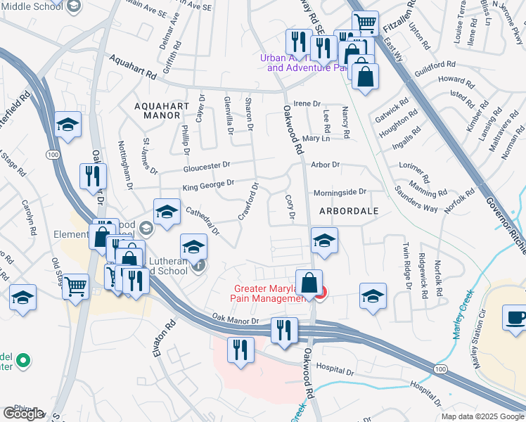 map of restaurants, bars, coffee shops, grocery stores, and more near 1308 Whitman Drive in Glen Burnie