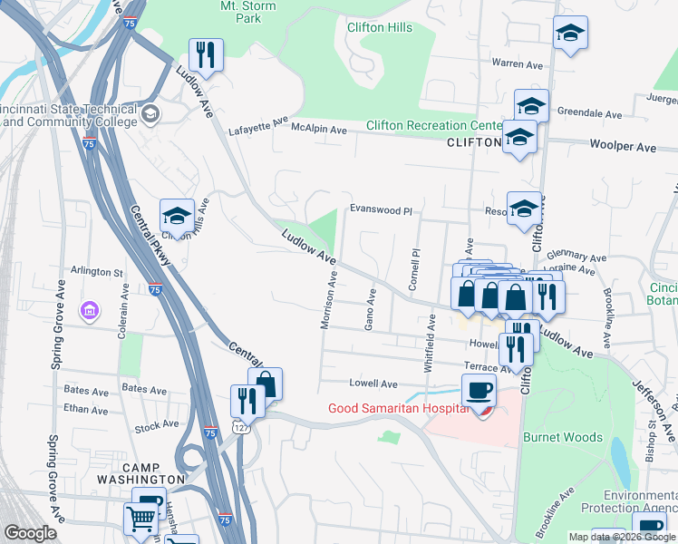 map of restaurants, bars, coffee shops, grocery stores, and more near 3386 Morrison Avenue in Cincinnati