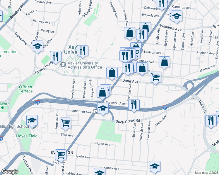map of restaurants, bars, coffee shops, grocery stores, and more near 3621 Montgomery Road in Cincinnati