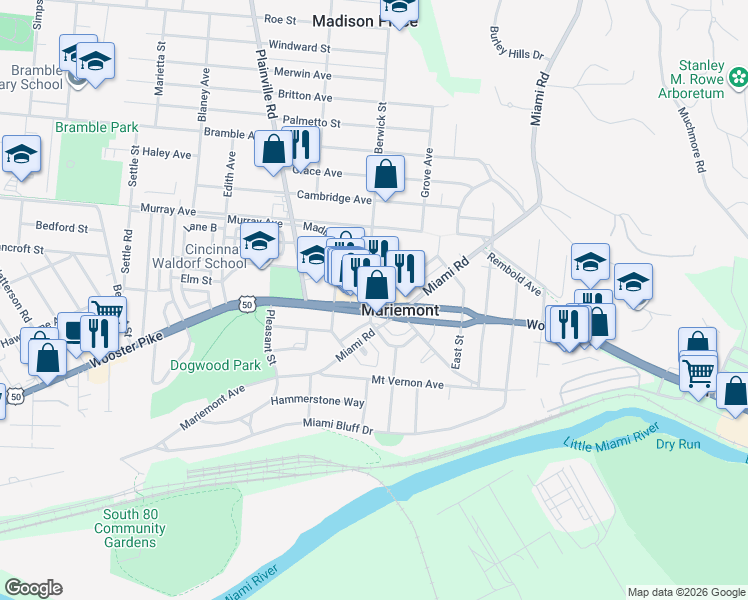 map of restaurants, bars, coffee shops, grocery stores, and more near 7443 Wooster Pike in Cincinnati