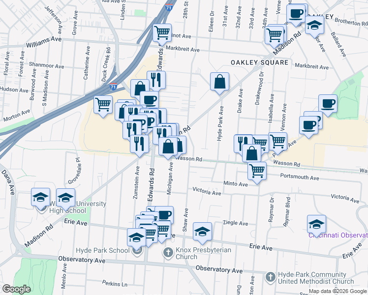 map of restaurants, bars, coffee shops, grocery stores, and more near 3716 Maple Park Avenue in Cincinnati