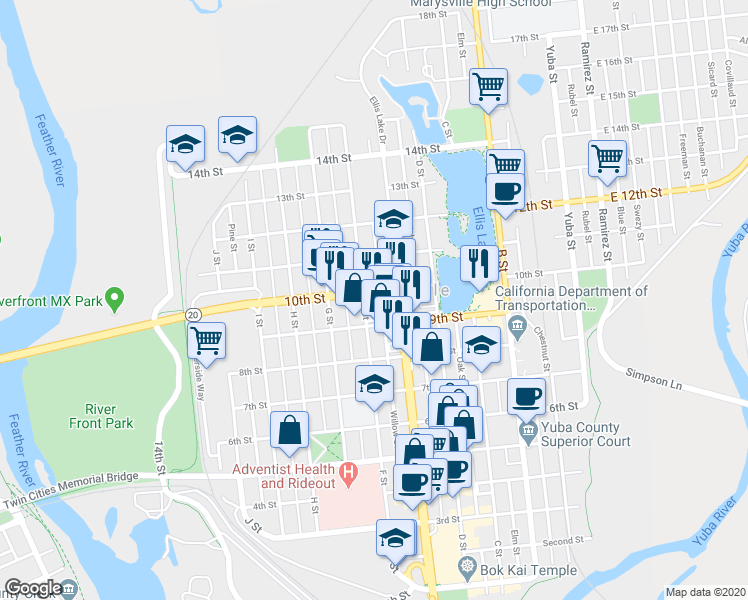 map of restaurants, bars, coffee shops, grocery stores, and more near 908 E Street in Marysville