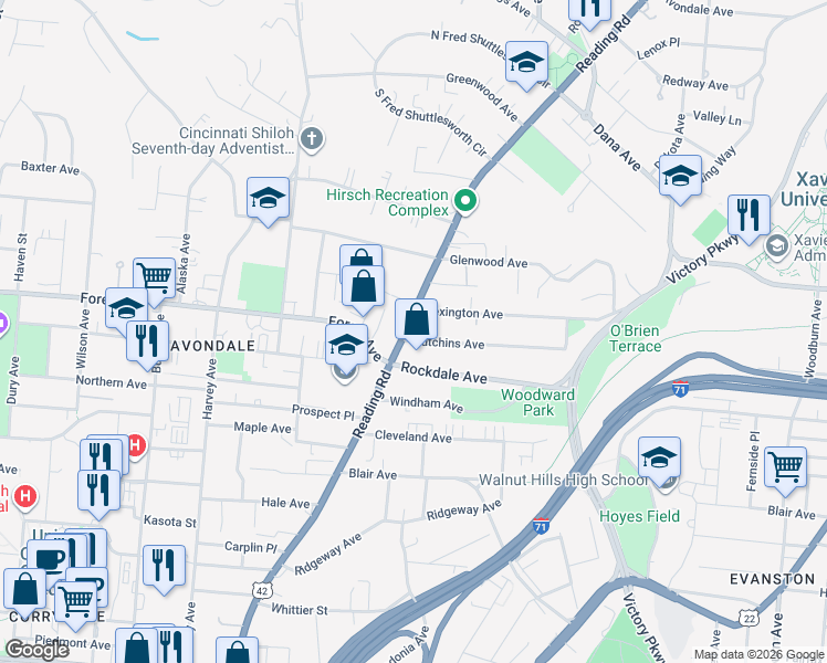 map of restaurants, bars, coffee shops, grocery stores, and more near 3539 Reading Road in Cincinnati