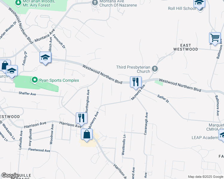 map of restaurants, bars, coffee shops, grocery stores, and more near 3115 McHenry Avenue in Cincinnati