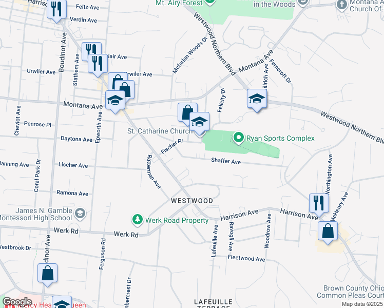 map of restaurants, bars, coffee shops, grocery stores, and more near 2858 Shaffer Avenue in Cincinnati