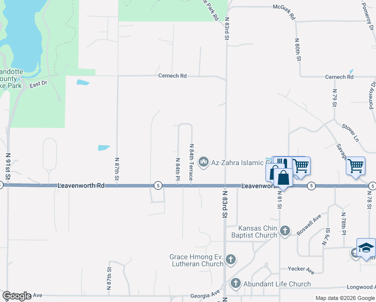 map of restaurants, bars, coffee shops, grocery stores, and more near 3217 North 84th Place in Kansas City