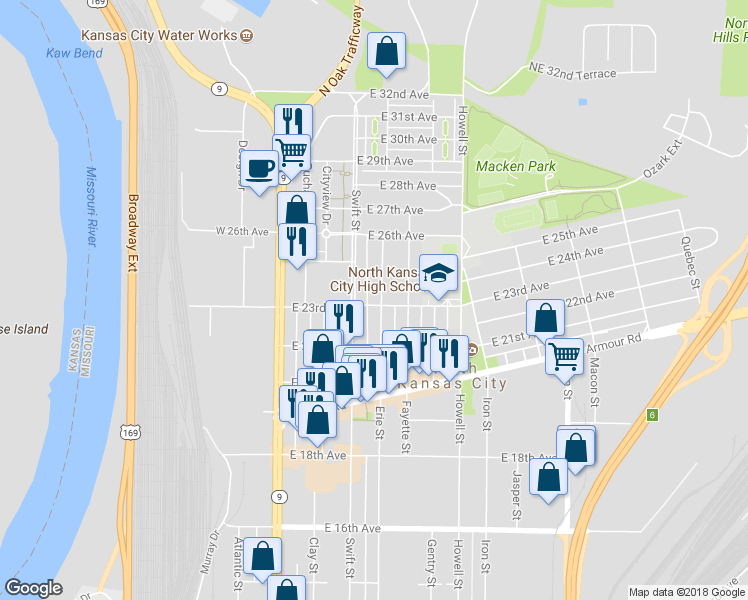 map of restaurants, bars, coffee shops, grocery stores, and more near 2300 Erie Street in North Kansas City