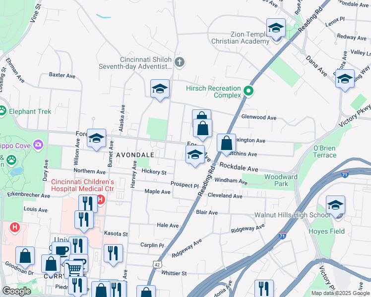 map of restaurants, bars, coffee shops, grocery stores, and more near 633 Forest Avenue in Cincinnati