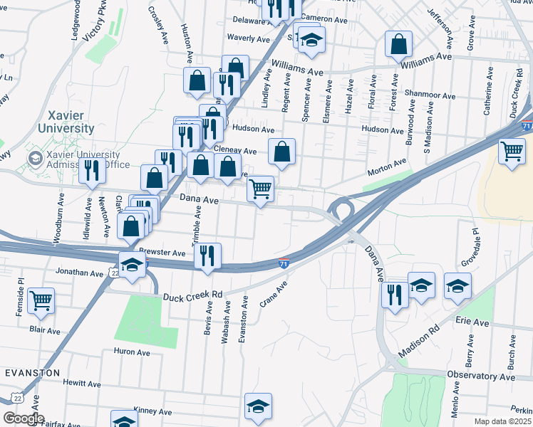 map of restaurants, bars, coffee shops, grocery stores, and more near 2100 Dana Avenue in Cincinnati