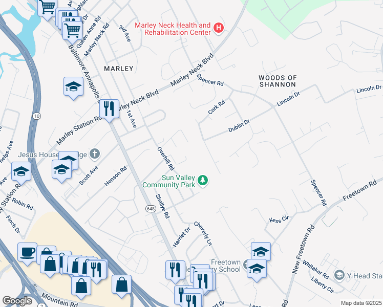 map of restaurants, bars, coffee shops, grocery stores, and more near 107 Phyllis Drive in Glen Burnie