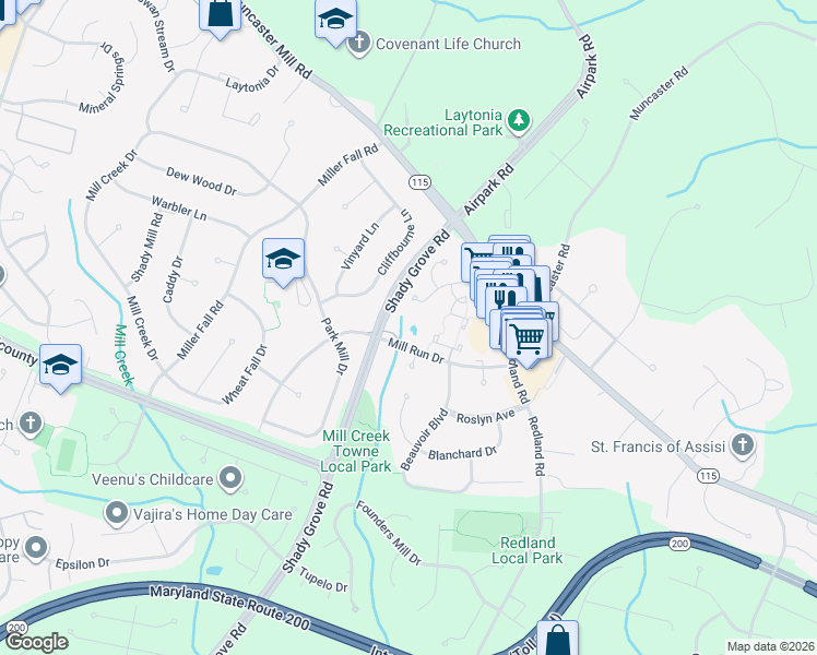 map of restaurants, bars, coffee shops, grocery stores, and more near 7285 Mill Run Drive in Derwood