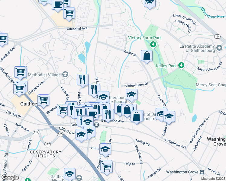 map of restaurants, bars, coffee shops, grocery stores, and more near 8 North Summit Drive in Gaithersburg