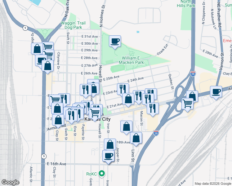 map of restaurants, bars, coffee shops, grocery stores, and more near 827 E 23rd Ave in North Kansas City