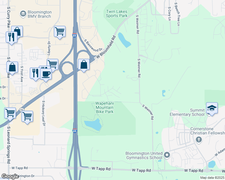 map of restaurants, bars, coffee shops, grocery stores, and more near 2262 South Oakdale Drive in Bloomington