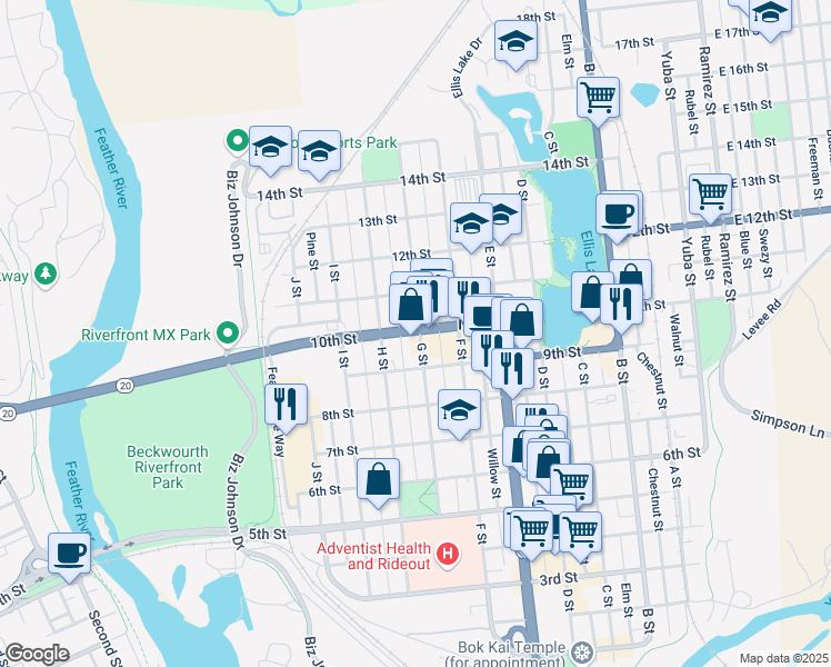 map of restaurants, bars, coffee shops, grocery stores, and more near 700 10th Street in Marysville