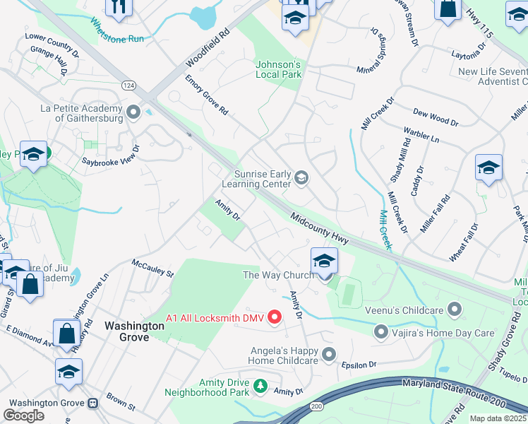 map of restaurants, bars, coffee shops, grocery stores, and more near 17738 Topfield Drive in Montgomery Village