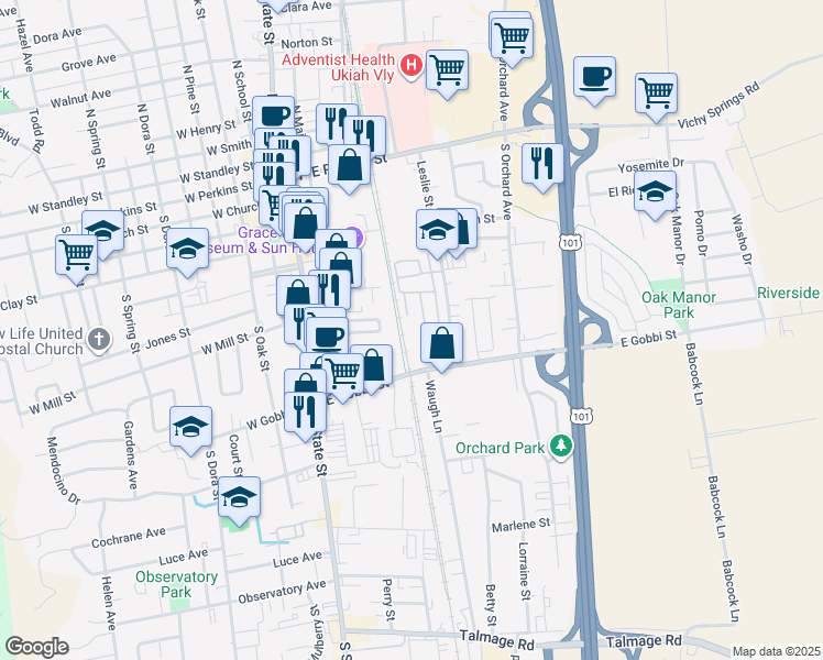 map of restaurants, bars, coffee shops, grocery stores, and more near 300 East Gobbi Street in Ukiah