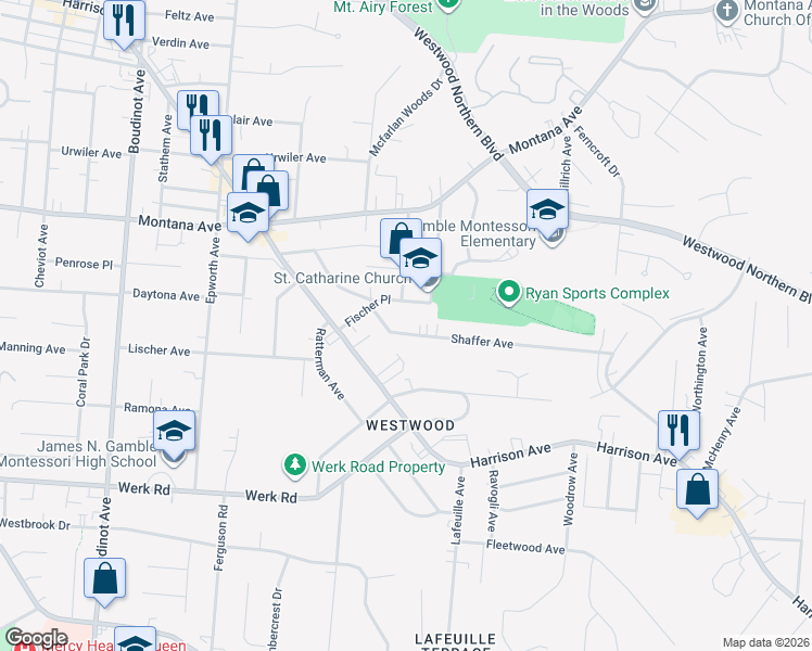 map of restaurants, bars, coffee shops, grocery stores, and more near 2858 Shaffer Avenue in Cincinnati