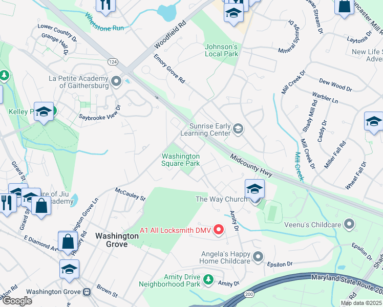 map of restaurants, bars, coffee shops, grocery stores, and more near 8351 Amity Circle in Gaithersburg