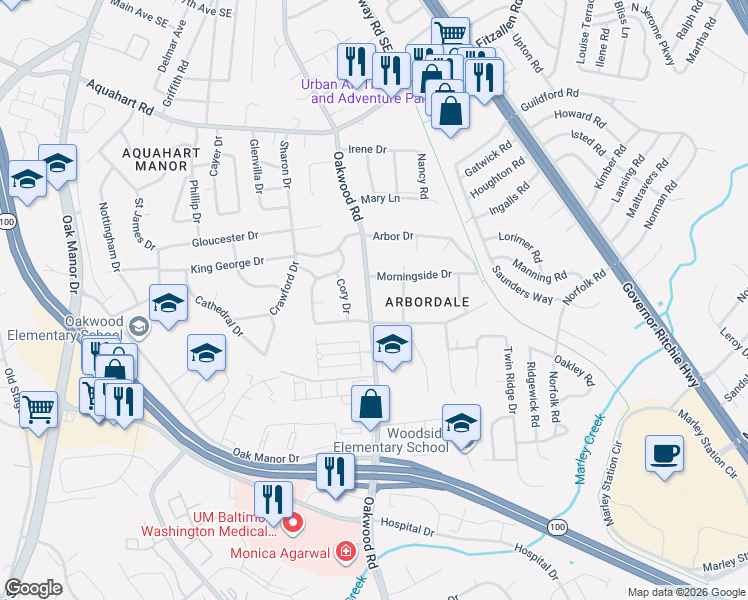 map of restaurants, bars, coffee shops, grocery stores, and more near 1305 Oakwood Road in Glen Burnie