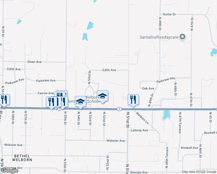 map of restaurants, bars, coffee shops, grocery stores, and more near 3219 North 52nd Street in Kansas City