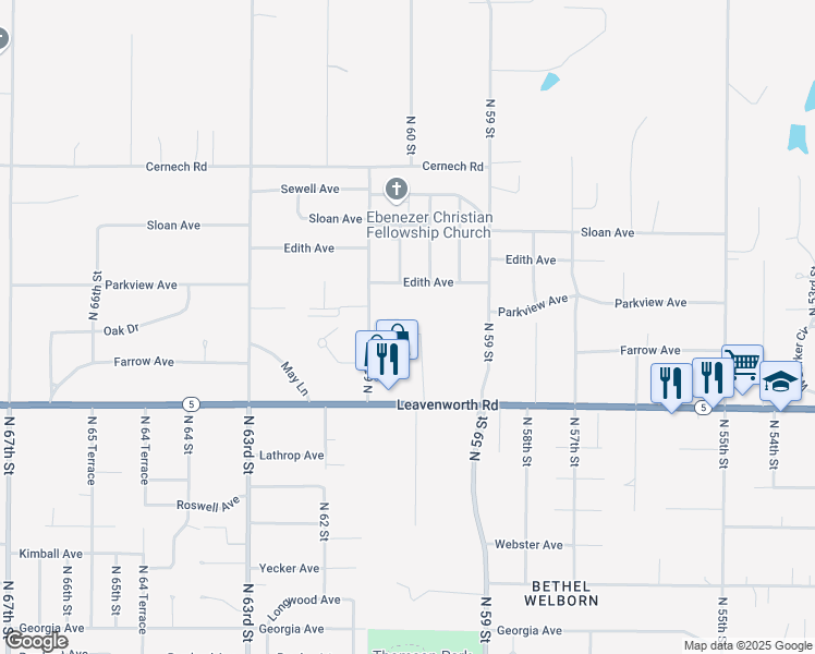 map of restaurants, bars, coffee shops, grocery stores, and more near 6016 Leavenworth Road in Kansas City