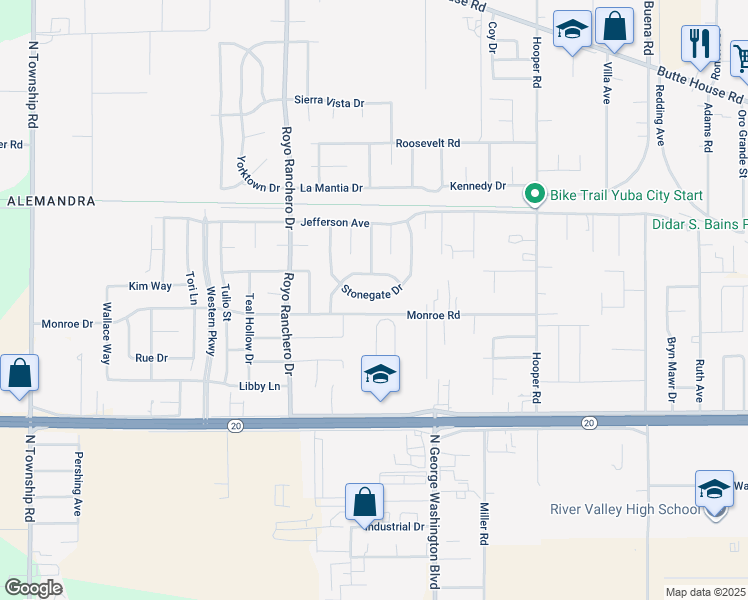 map of restaurants, bars, coffee shops, grocery stores, and more near 3130 Stonegate Drive in Yuba City