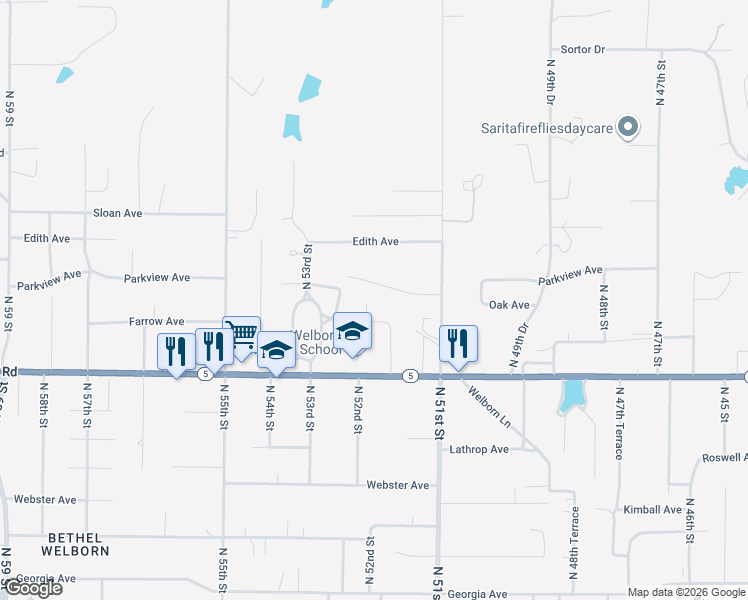 map of restaurants, bars, coffee shops, grocery stores, and more near 3219 North 52nd Street in Kansas City