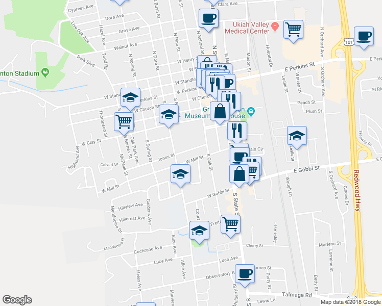 map of restaurants, bars, coffee shops, grocery stores, and more near 323 Jones St in Ukiah