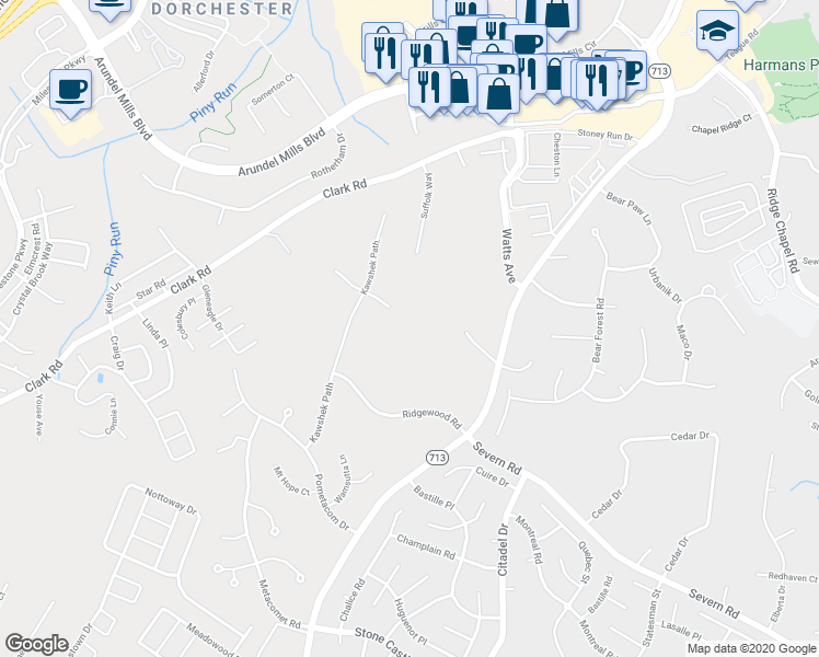 map of restaurants, bars, coffee shops, grocery stores, and more near 1911 Portobago Lane in Hanover