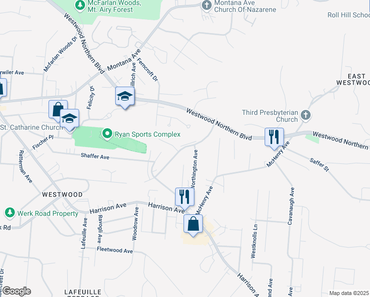 map of restaurants, bars, coffee shops, grocery stores, and more near 3212 Bracken Woods Lane in Cincinnati