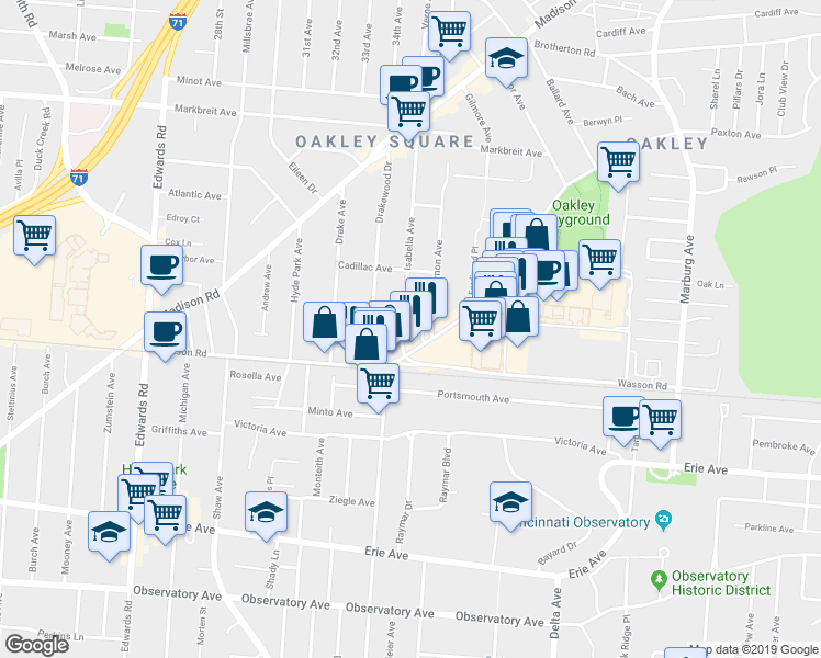 map of restaurants, bars, coffee shops, grocery stores, and more near 3738 Isabella Avenue in Cincinnati