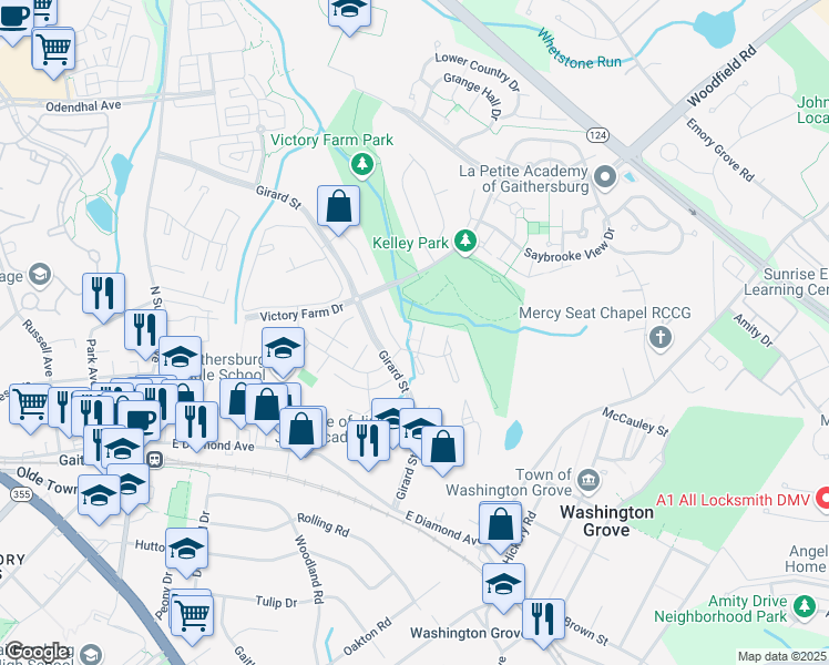 map of restaurants, bars, coffee shops, grocery stores, and more near 36 Brian Court in Gaithersburg