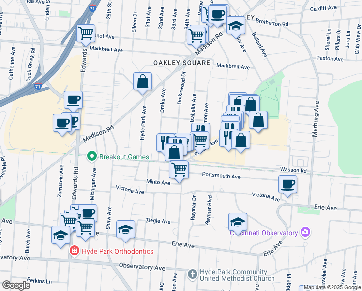 map of restaurants, bars, coffee shops, grocery stores, and more near 3730 Drakewood Drive in Cincinnati