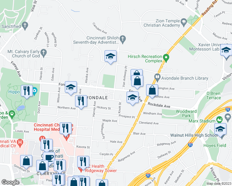 map of restaurants, bars, coffee shops, grocery stores, and more near 605 Forest Avenue in Cincinnati