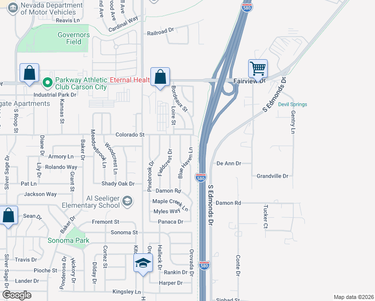 map of restaurants, bars, coffee shops, grocery stores, and more near 2408 Blue Haven Lane in Carson City