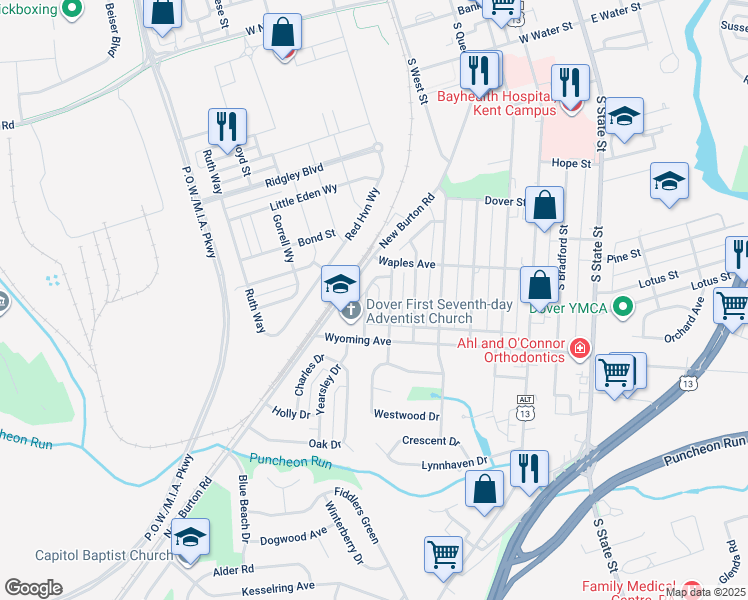 map of restaurants, bars, coffee shops, grocery stores, and more near 943 Woodford Drive in Dover