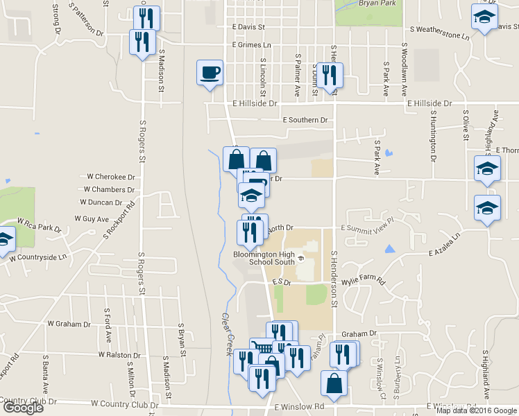 map of restaurants, bars, coffee shops, grocery stores, and more near 1921 South Walnut Street in Bloomington