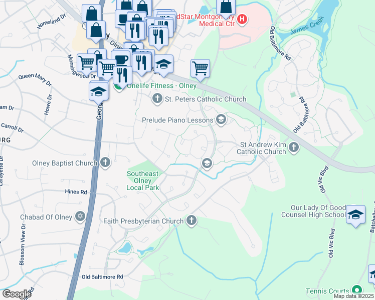 map of restaurants, bars, coffee shops, grocery stores, and more near 17509 Gatsby Terrace in Olney