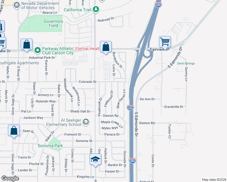 map of restaurants, bars, coffee shops, grocery stores, and more near 2411 Fieldcrest Drive in Carson City