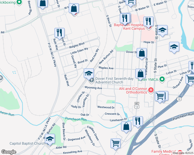 map of restaurants, bars, coffee shops, grocery stores, and more near 943 Woodford Drive in Dover