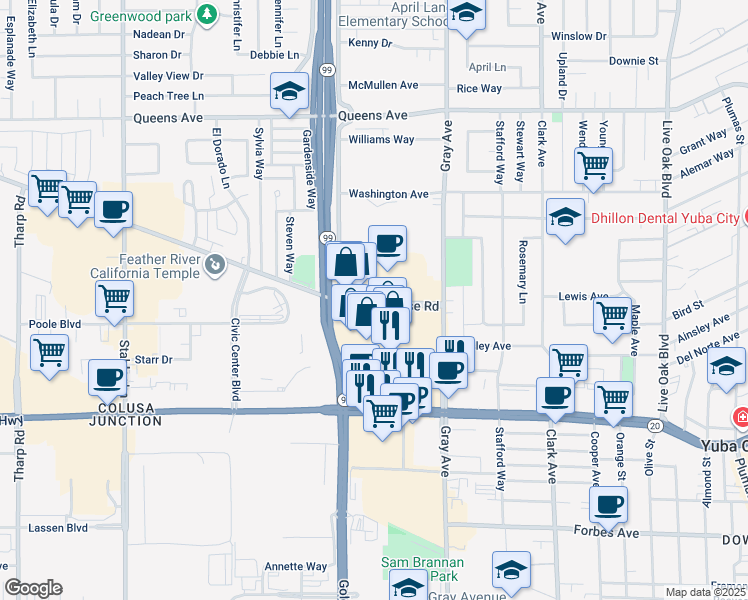 map of restaurants, bars, coffee shops, grocery stores, and more near 1157 Butte House Road in Yuba City