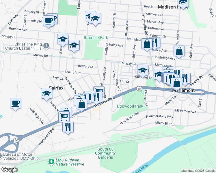 map of restaurants, bars, coffee shops, grocery stores, and more near 3725 Homewood Road in Cincinnati