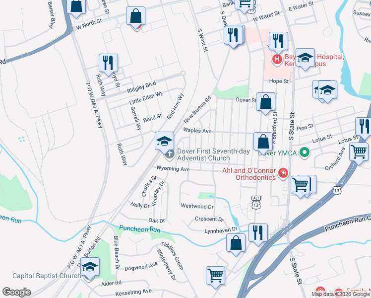 map of restaurants, bars, coffee shops, grocery stores, and more near 943 Shank Road in Dover