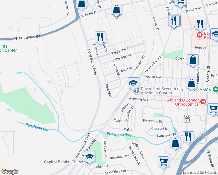 map of restaurants, bars, coffee shops, grocery stores, and more near 517 Nickerjack Way in Dover
