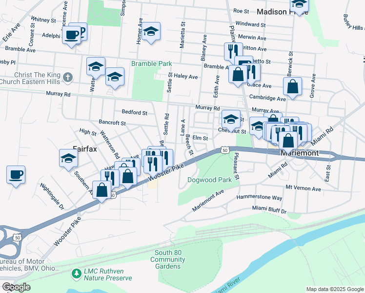map of restaurants, bars, coffee shops, grocery stores, and more near 3820 Beech Street in Cincinnati